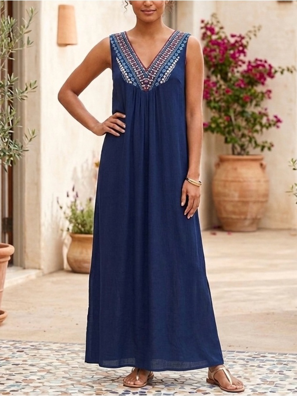 WESTPORT Women's Navy Blue Sleeveless Maxi Shift Dress Embellishes Sequins Sz L
